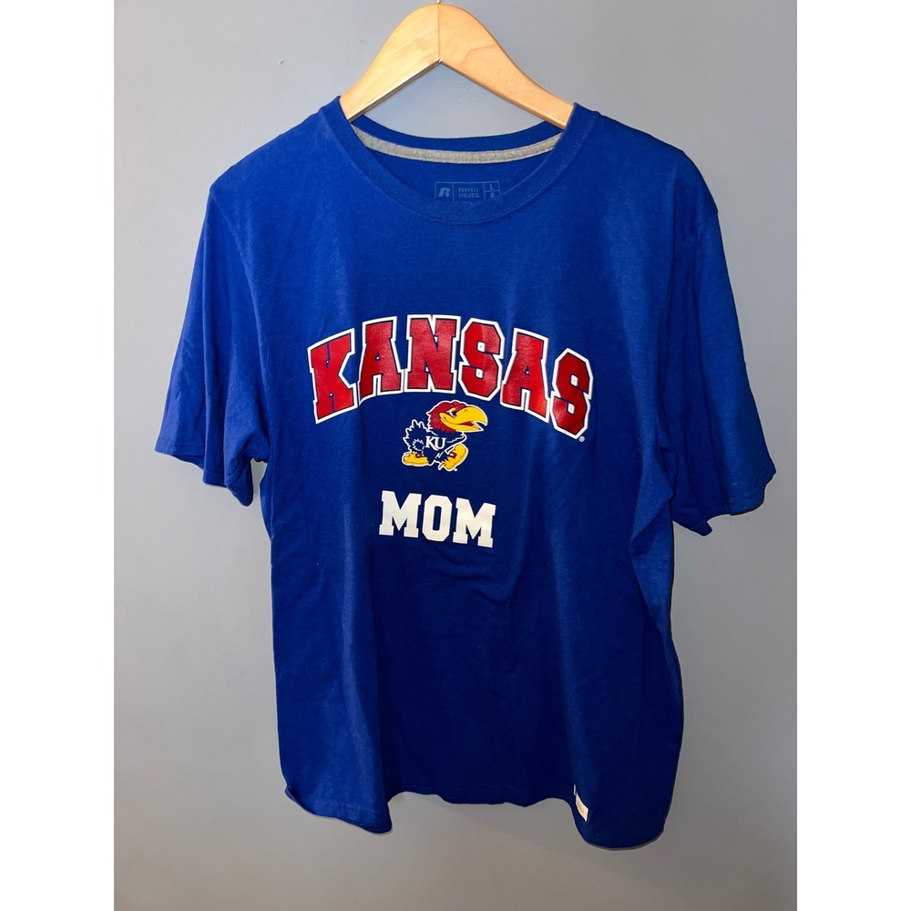 Russell Athletic Kansas Jayhawks Mom T-Shirt Blue NCAA Large KU Graphic Tee